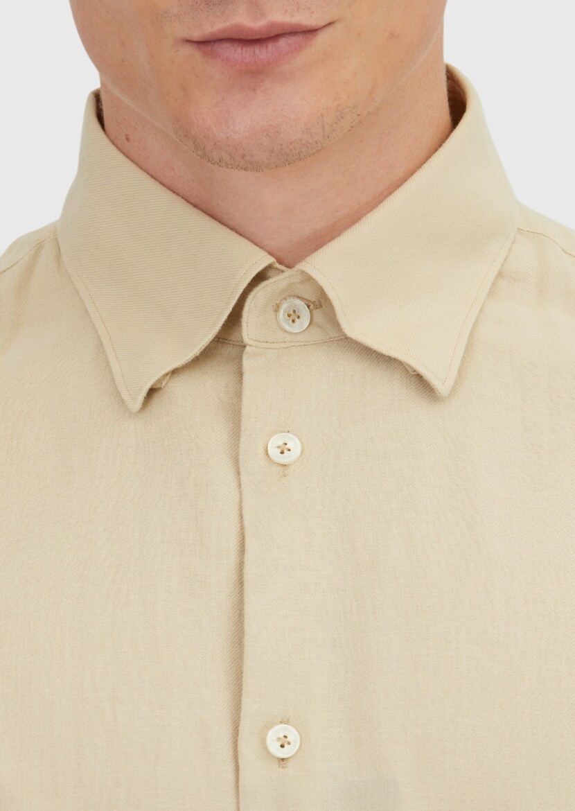 Bej Düz Loose Fit Uzun Dokuma Casual Yün Karışımlı Gömlek - 4