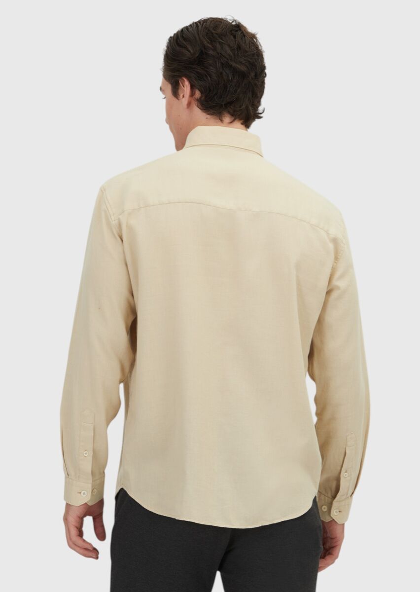Bej Düz Loose Fit Uzun Dokuma Casual Yün Karışımlı Gömlek - 5
