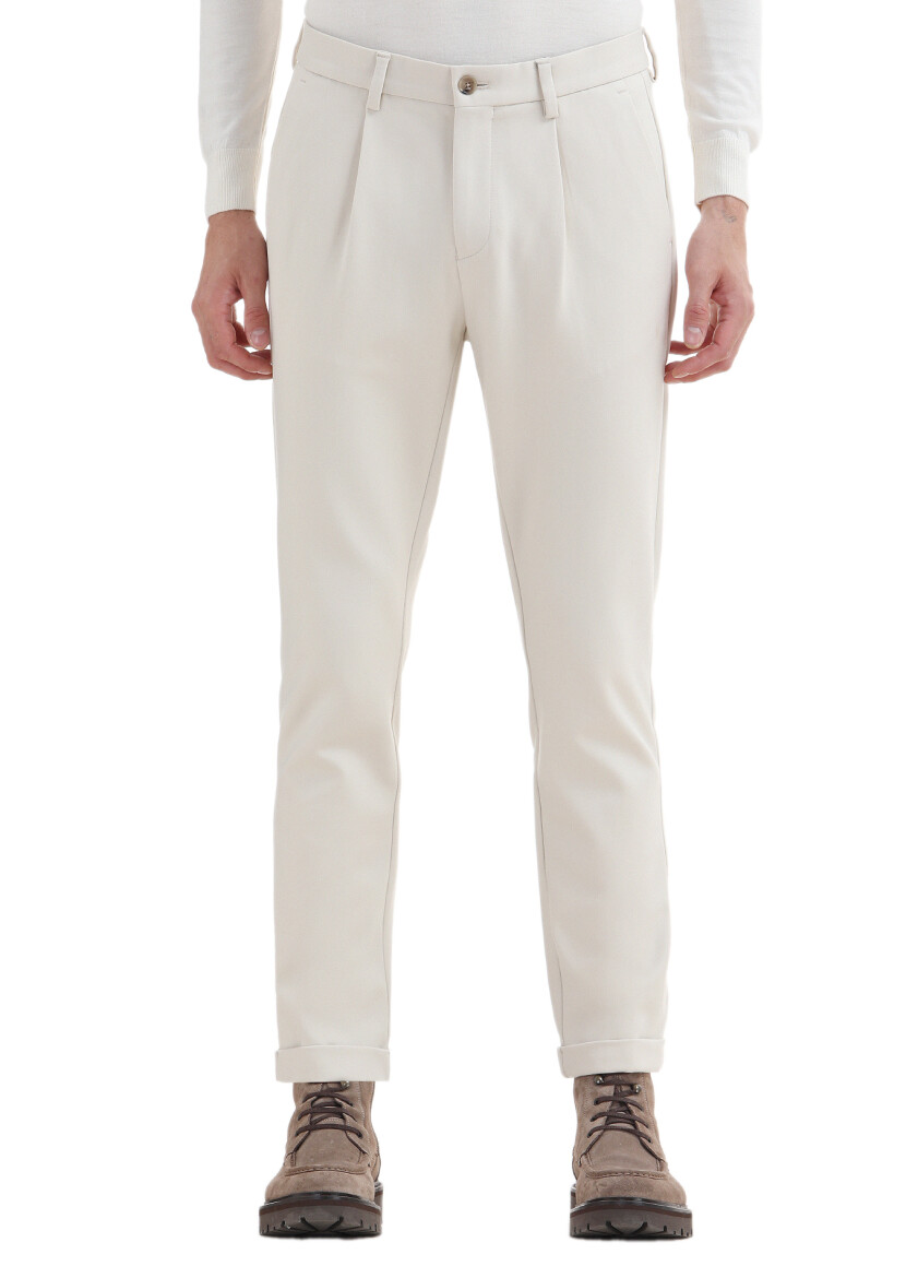 Bej Düz Örme Regular Fit Casual Pantolon 