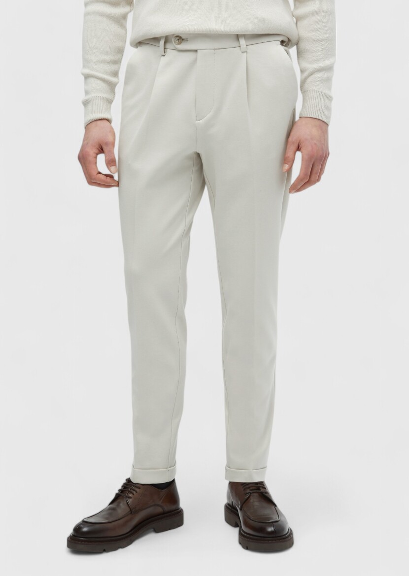 Bej Düz Örme Regular Fit Casual Pantolon 