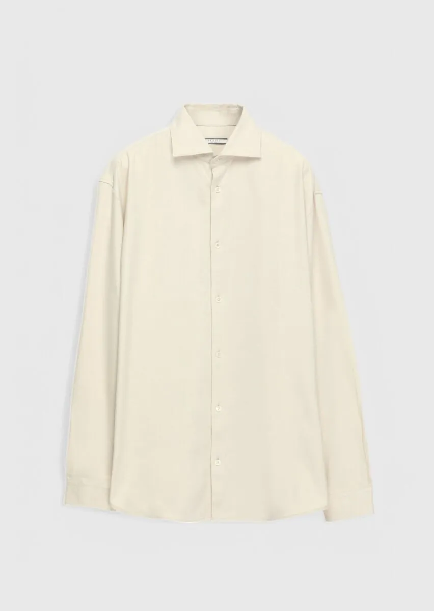 Bej Düz Oversize Fit Dokuma Casual Yün Karışımlı Gömlek - 1