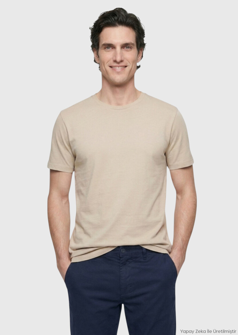 Bej Düz Pamuk Karışımlı T-Shirt - RAMSEY