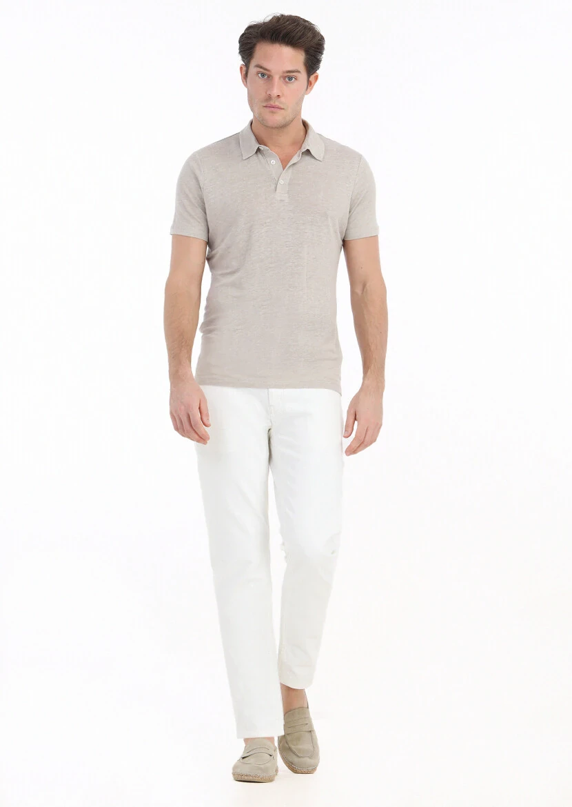 Bej Düz Polo Yaka %100 Keten T-Shirt - 1