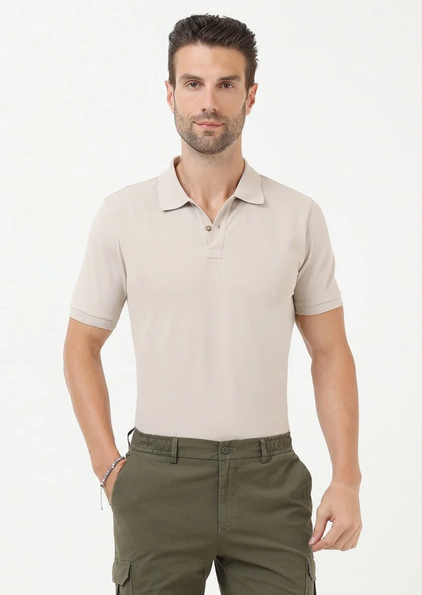 Bej Düz Polo Yaka %100 Pamuk T-Shirt - 1