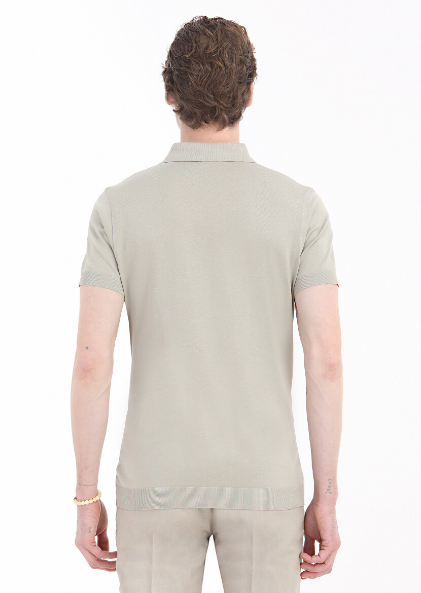 Bej Düz Polo Yaka %100 Pamuk T-Shirt - 3