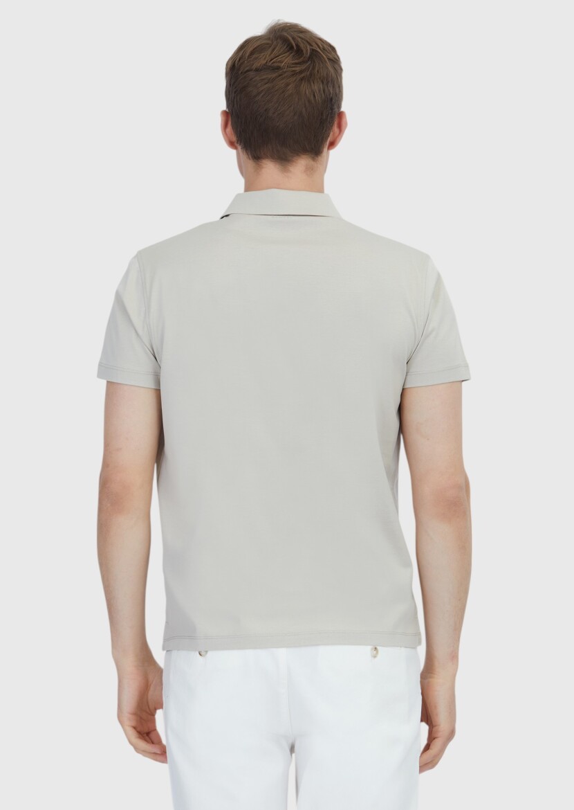 Bej Düz Polo Yaka %100 Pamuk T-Shirt - 5