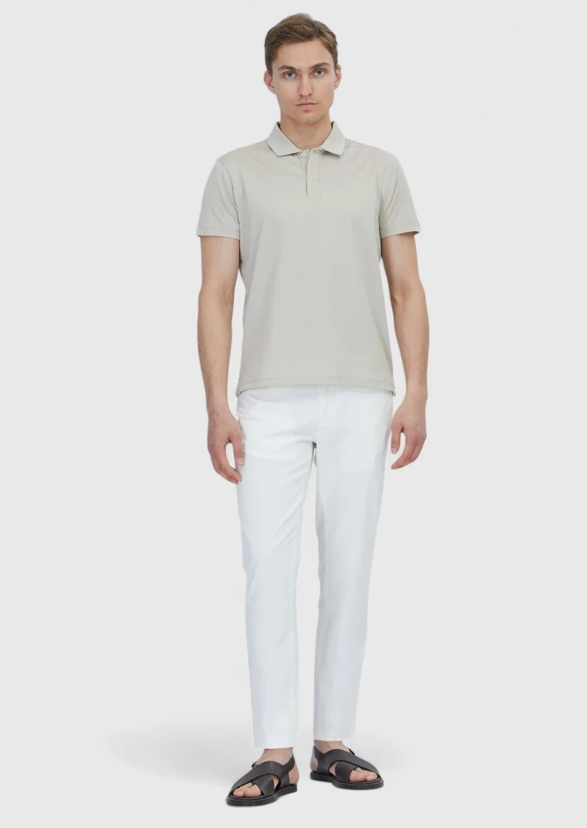 Bej Düz Polo Yaka %100 Pamuk T-Shirt 