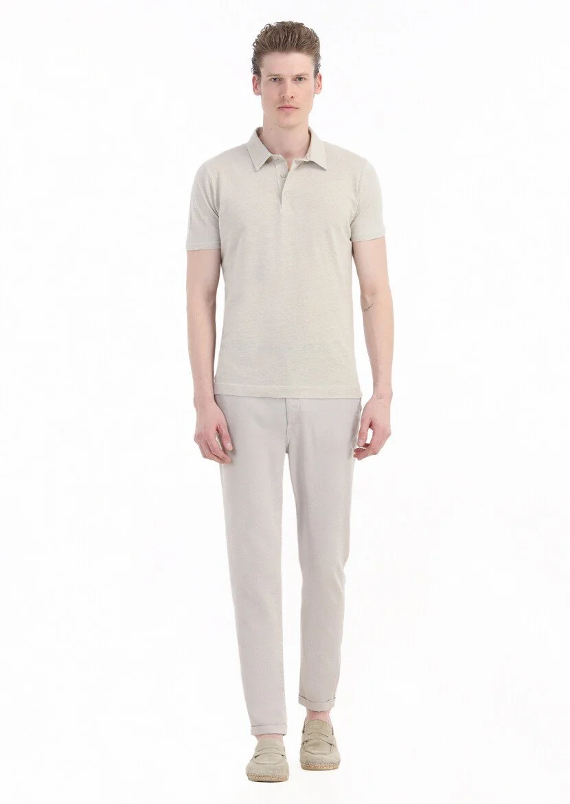 Bej Düz Polo Yaka Pamuk Karışımlı T-Shirt - 1