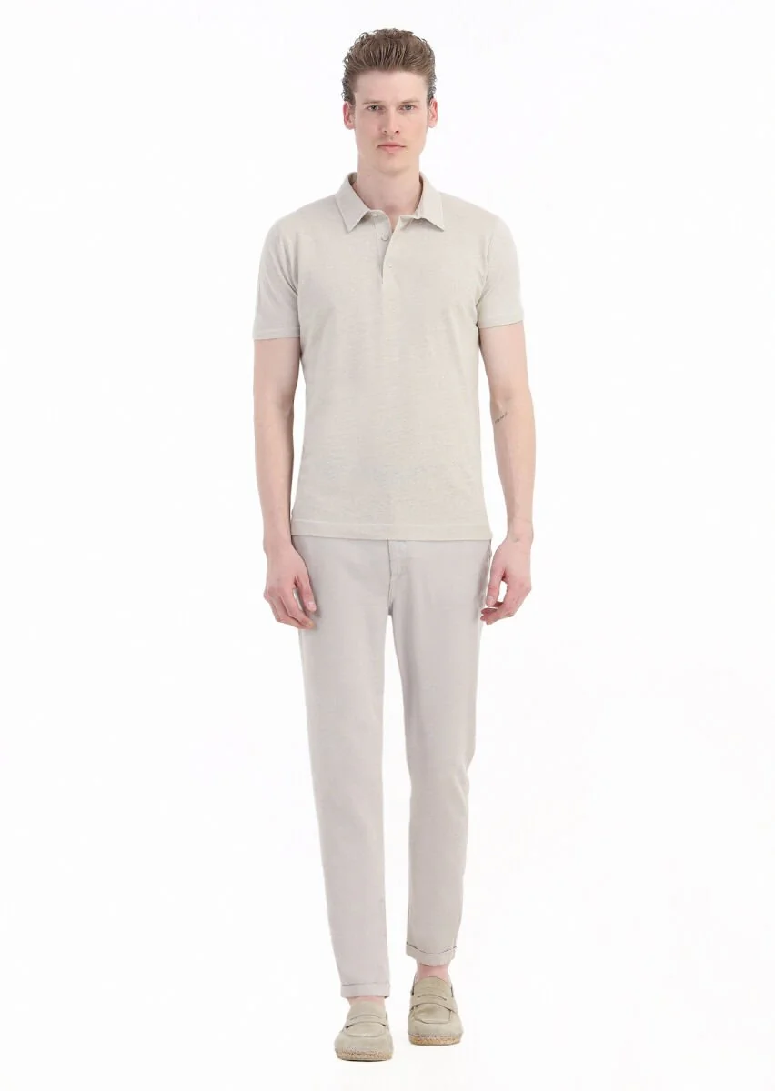 Bej Düz Polo Yaka Pamuk Karışımlı T-Shirt - 1