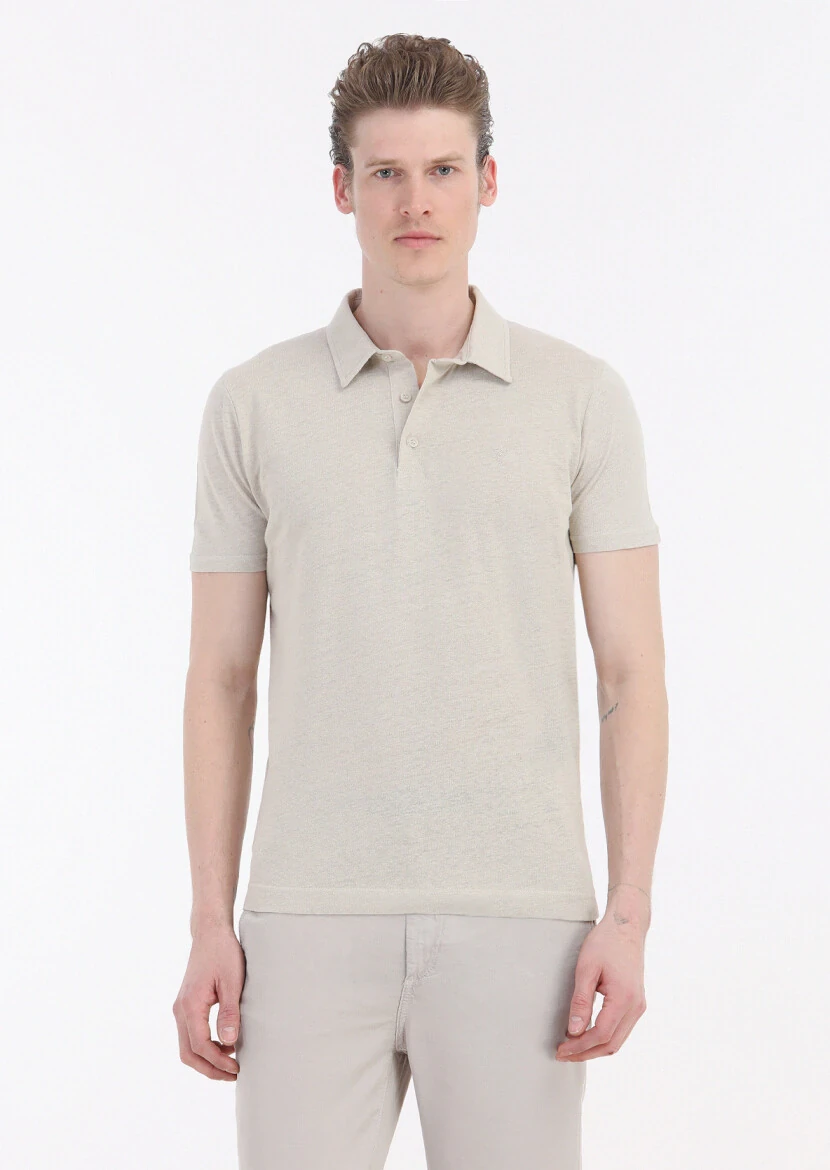 Bej Düz Polo Yaka Pamuk Karışımlı T-Shirt 