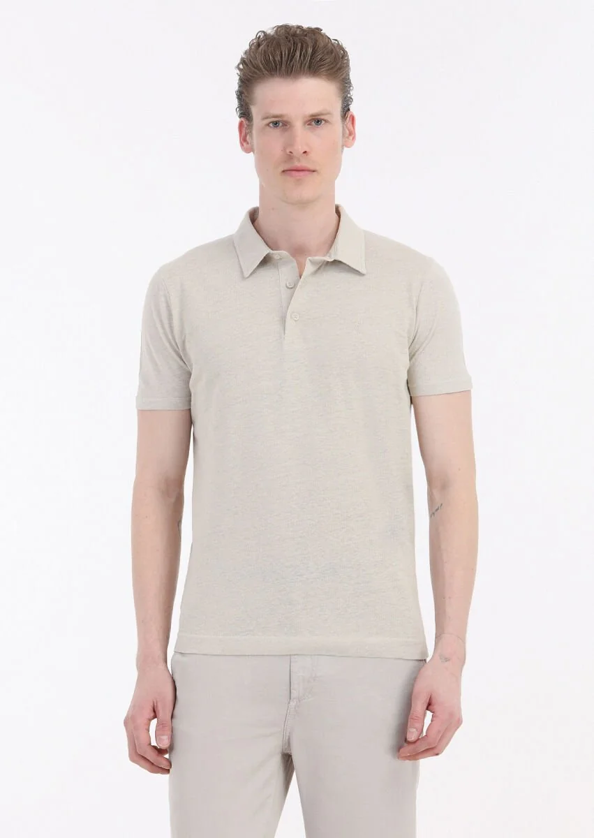 Bej Düz Polo Yaka Pamuk Karışımlı T-Shirt - 2