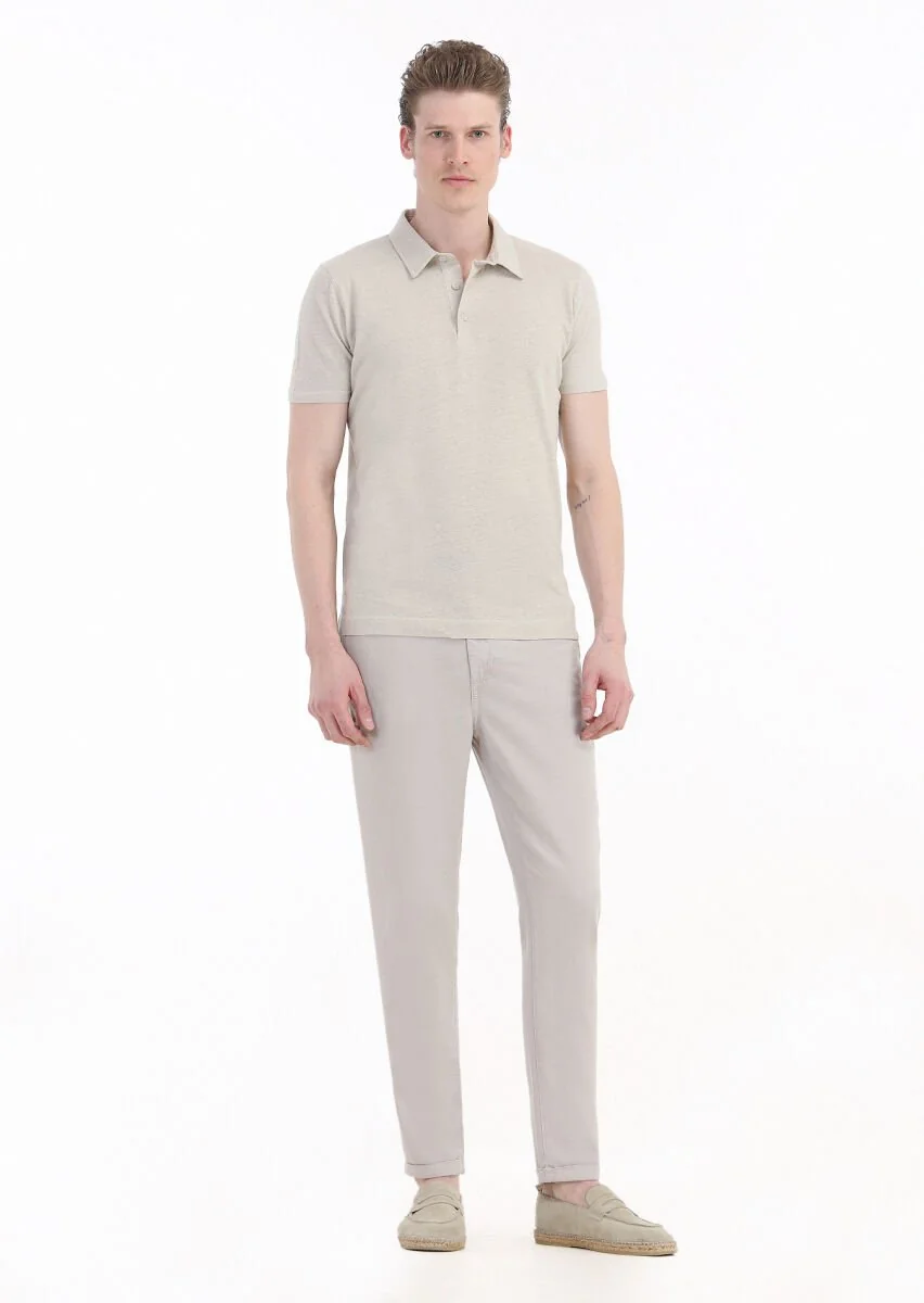 Bej Düz Polo Yaka Pamuk Karışımlı T-Shirt - 3