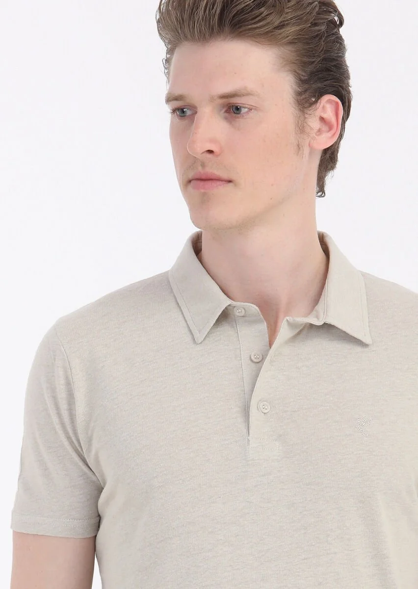 Bej Düz Polo Yaka Pamuk Karışımlı T-Shirt - 4