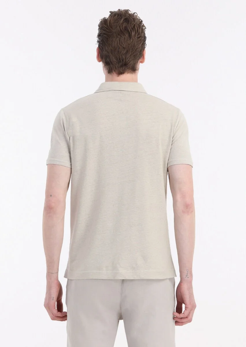 Bej Düz Polo Yaka Pamuk Karışımlı T-Shirt - 5