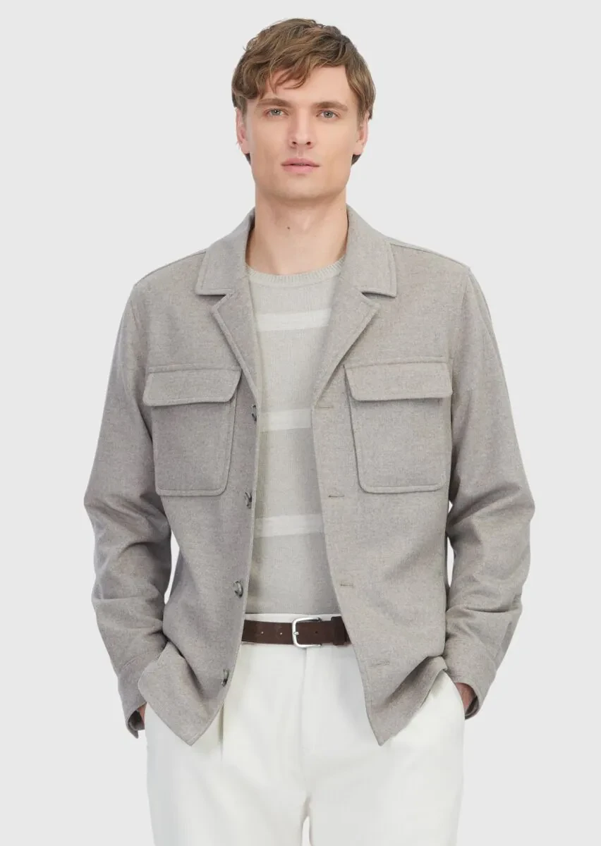 Bej Düz Regular Fit Dokuma %100 Yün Overshırt - 1