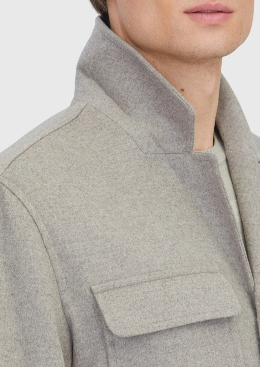 Bej Düz Regular Fit Dokuma %100 Yün Overshırt - 4