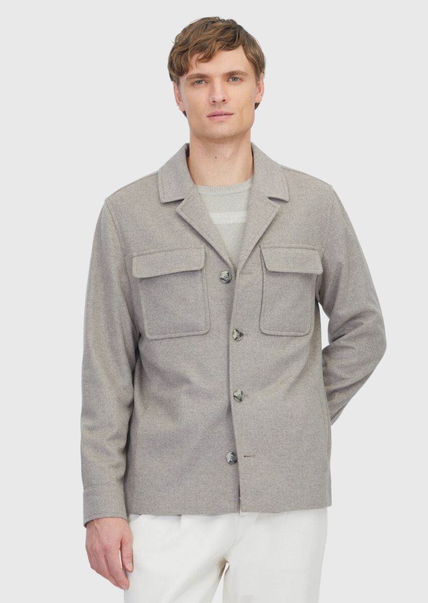 Bej Düz Regular Fit Dokuma %100 Yün Overshırt - 3