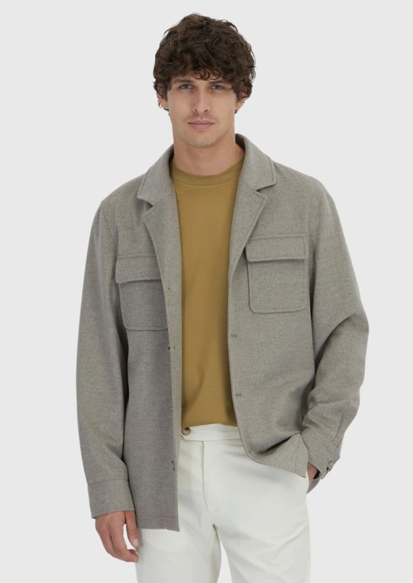 Bej Düz Regular Fit Dokuma %100 Yün Overshırt - 1