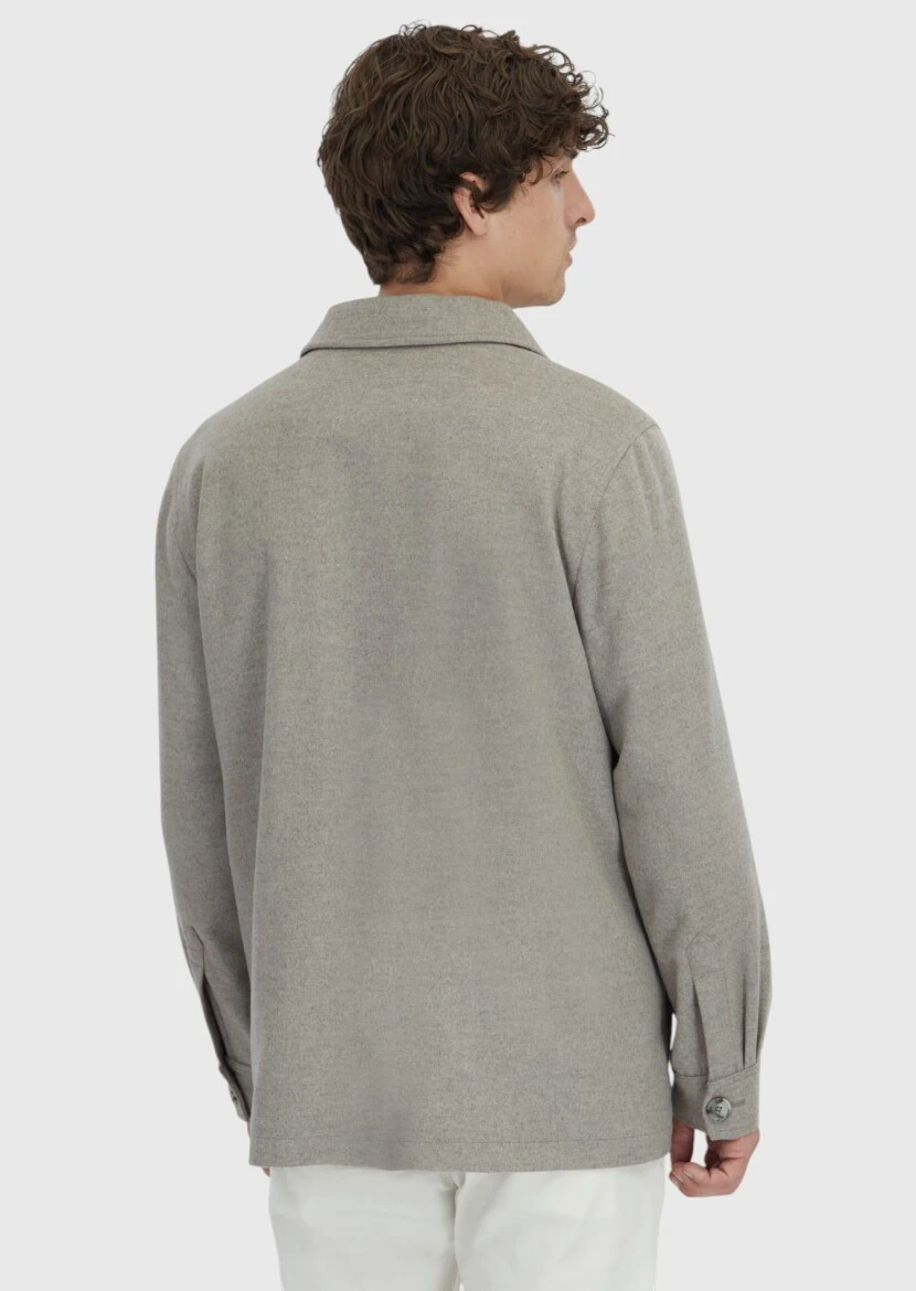 Bej Düz Regular Fit Dokuma %100 Yün Overshırt - 6