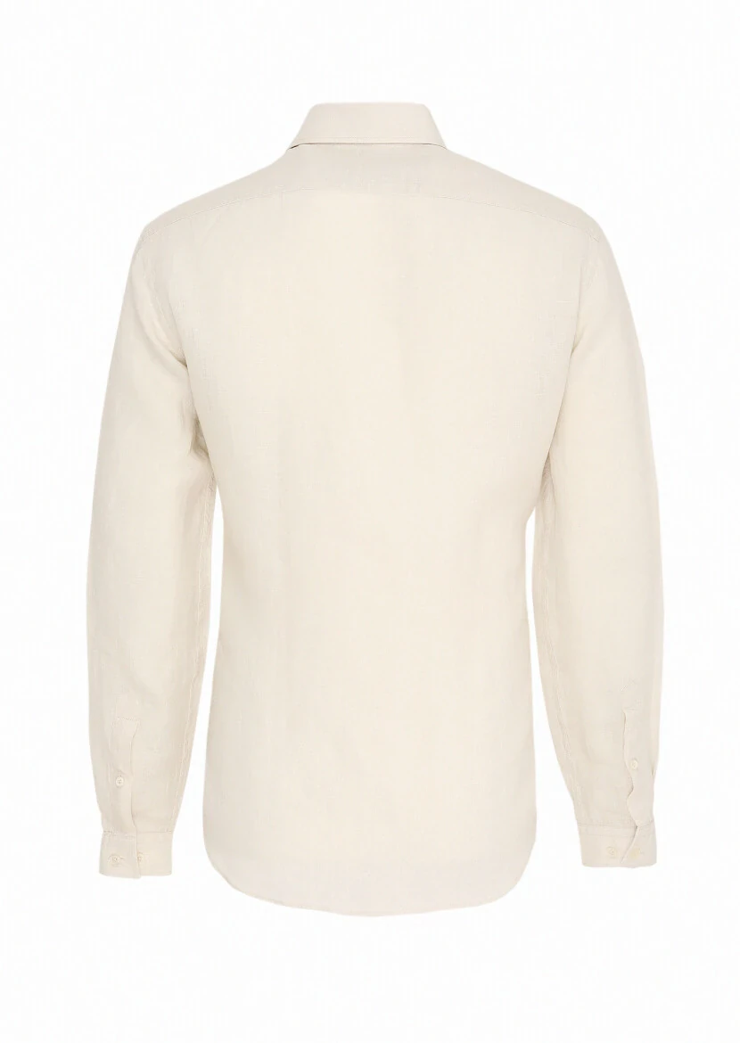 Bej Düz Regular Fit Dokuma Casual %100 Keten Gömlek - 7