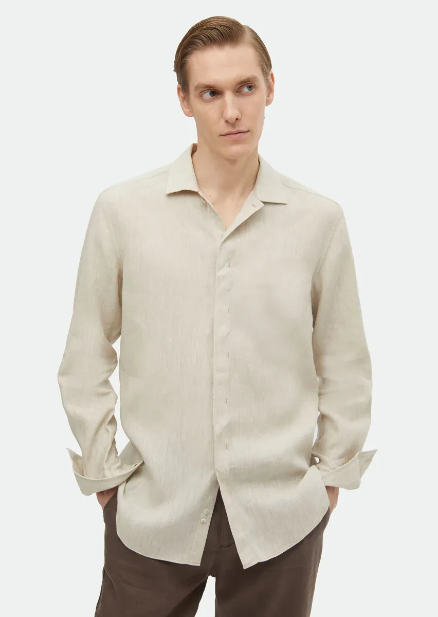 Bej Düz Regular Fit Dokuma Casual %100 Keten Gömlek - 3