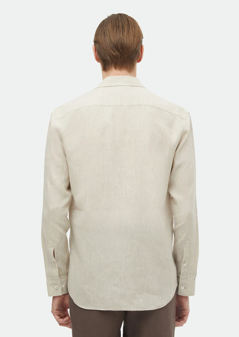 Bej Düz Regular Fit Dokuma Casual %100 Keten Gömlek - 5