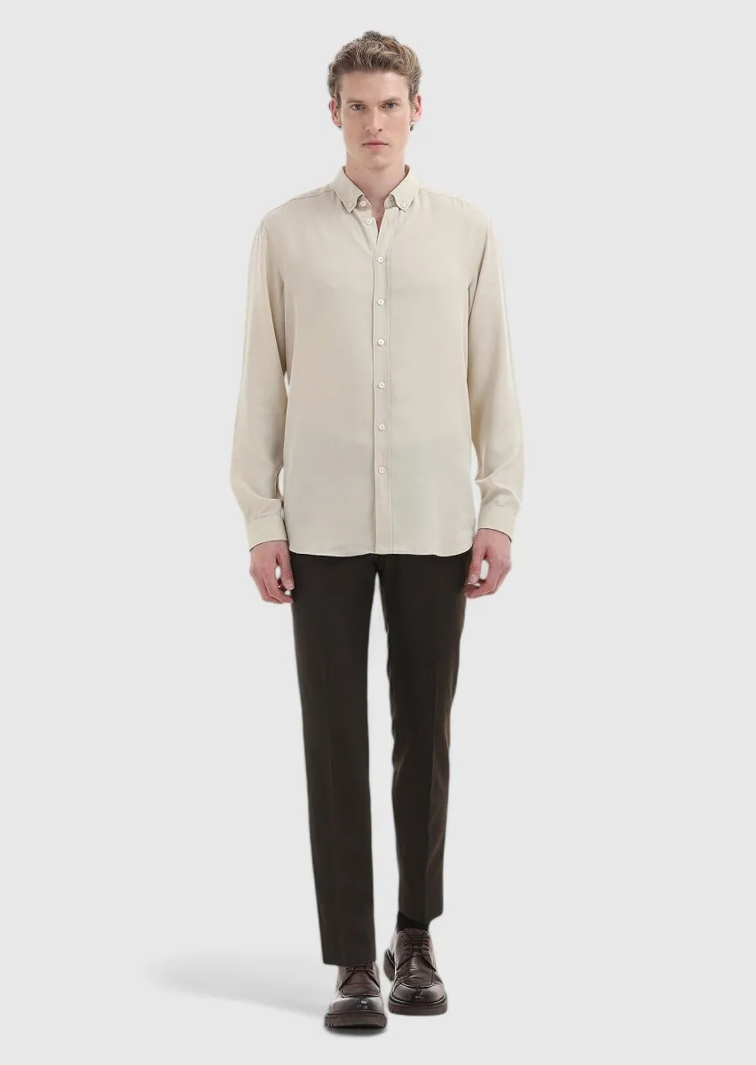 Bej Düz Regular Fit Dokuma Casual Gömlek - 1