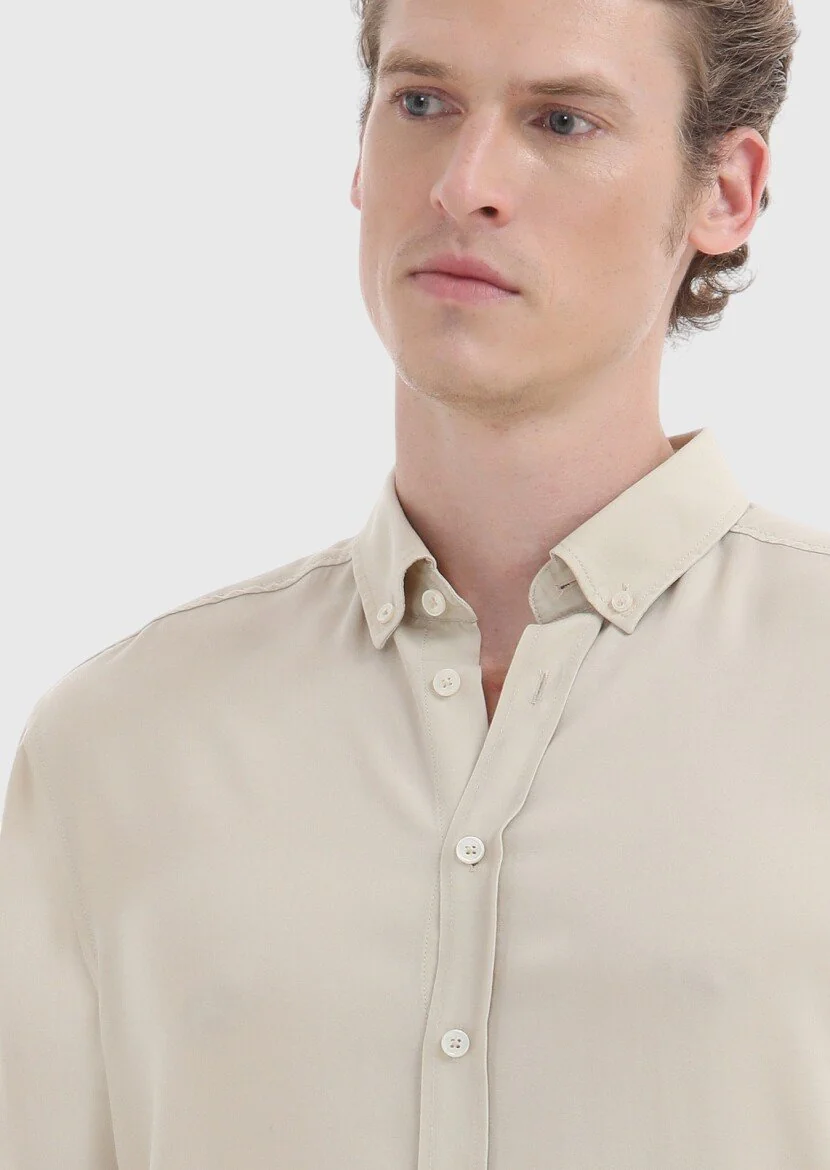 Bej Düz Regular Fit Dokuma Casual Gömlek - 3