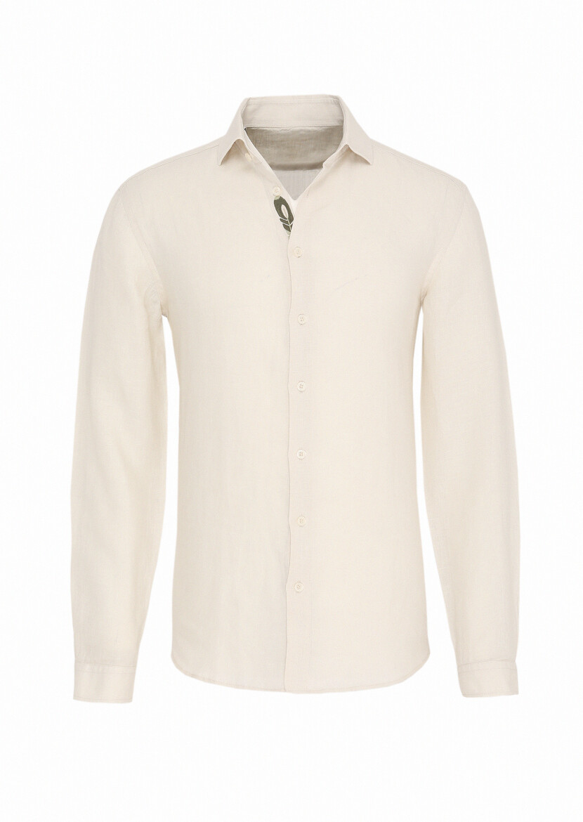 Bej Düz Regular Fit Uzun Dokuma Casual %100 Keten Gömlek - 1