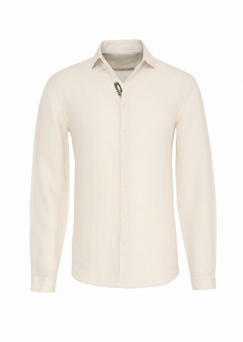 Bej Düz Regular Fit Uzun Dokuma Casual %100 Keten Gömlek - 1