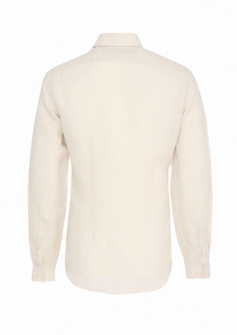 Bej Düz Regular Fit Uzun Dokuma Casual %100 Keten Gömlek - 4