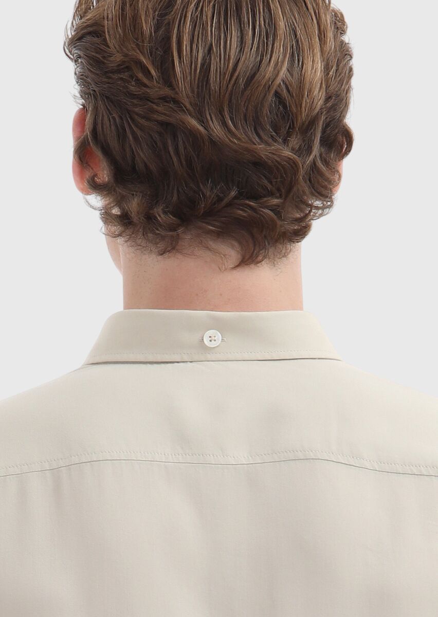 Bej Düz Regular Fit Uzun Dokuma Casual Gömlek - 4