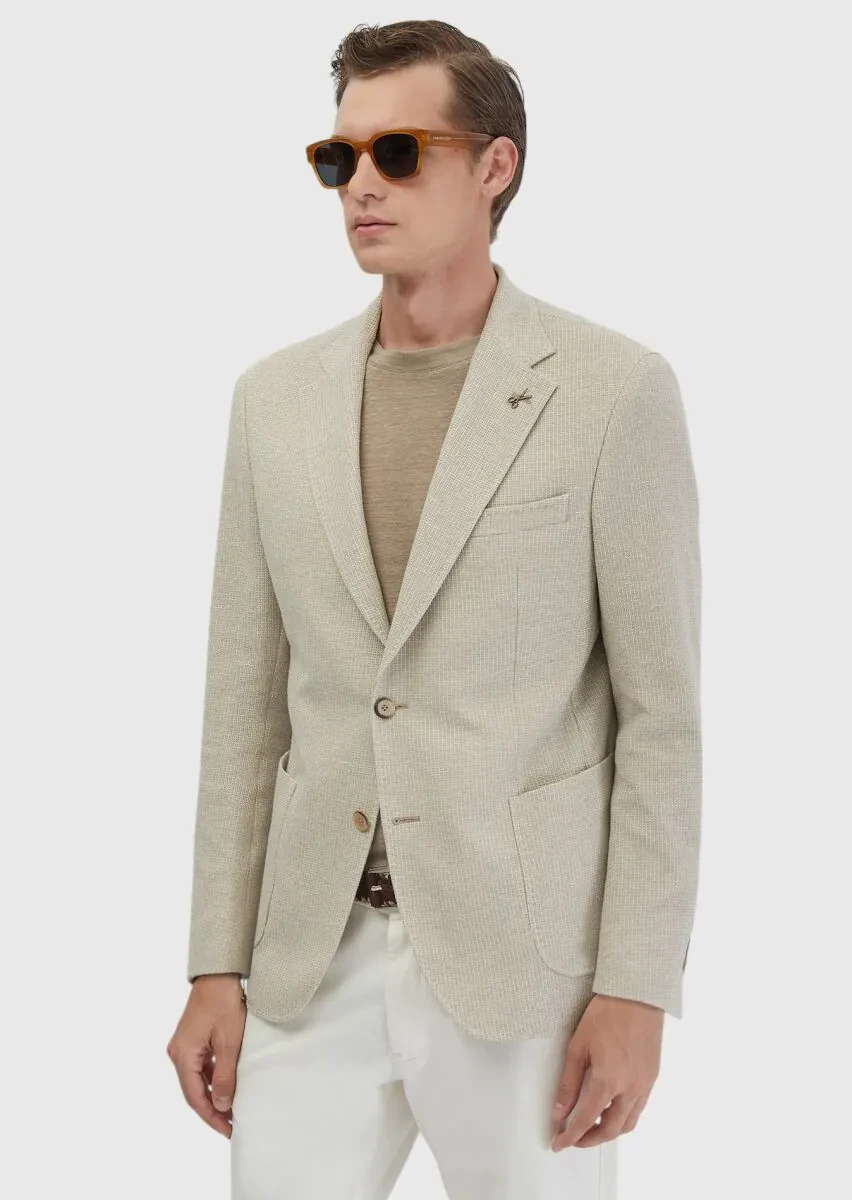 Bej Düz Shirt Shoulder Slim Fit Pamuk Karışımlı Örme Ceket - 2