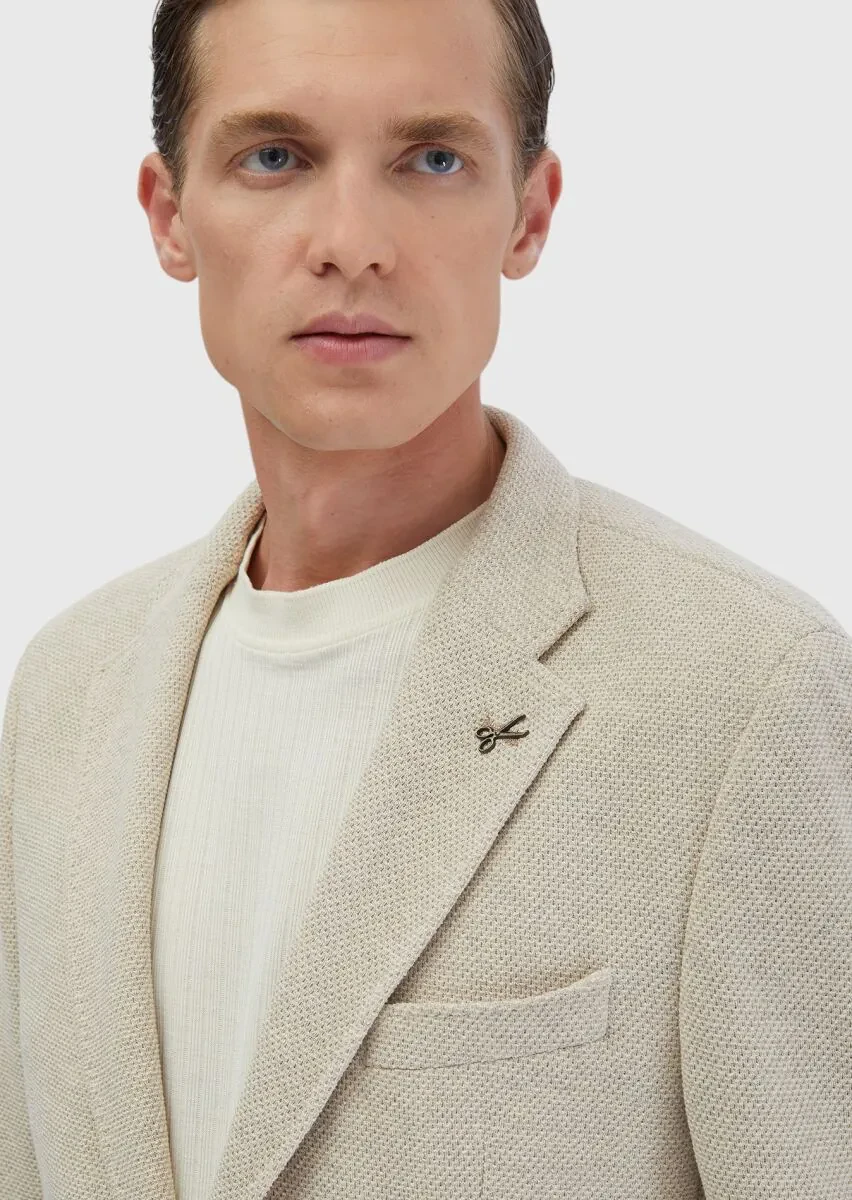 Bej Düz Shirt Shoulder Slim Fit Pamuk Karışımlı Örme Ceket - 6