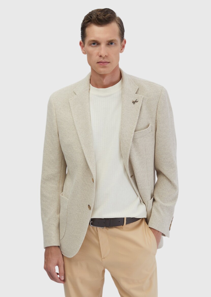 Bej Düz Shirt Shoulder Slim Fit Pamuk Karışımlı Örme Ceket - 4
