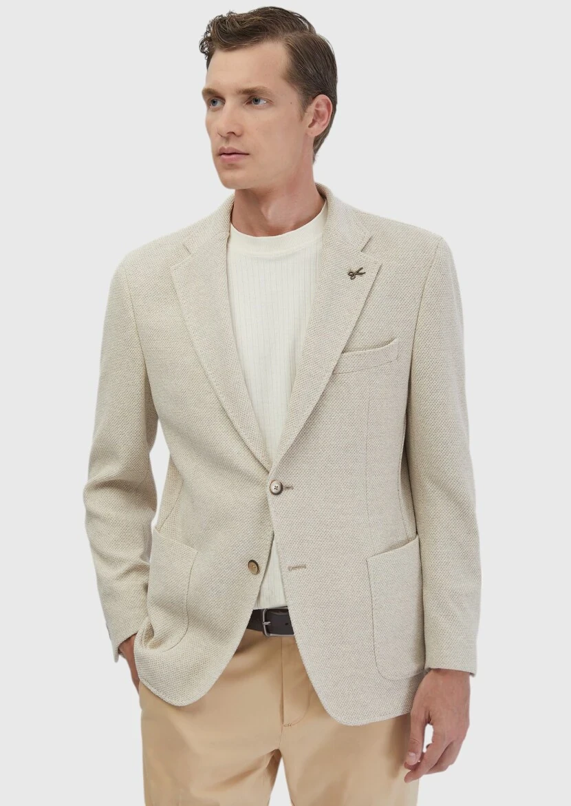 Bej Düz Shirt Shoulder Slim Fit Pamuk Karışımlı Örme Ceket - RAMSEY