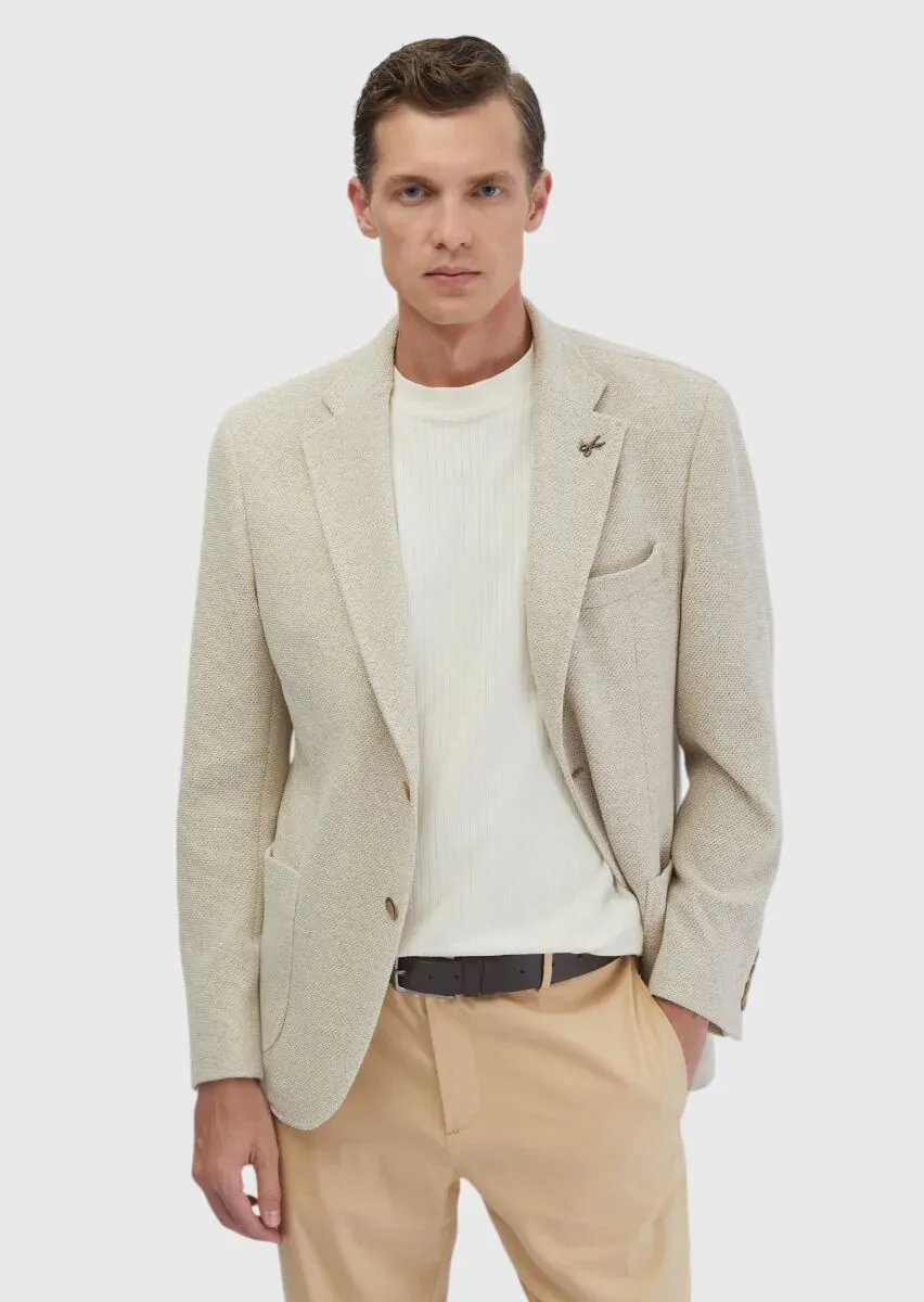 Bej Düz Shirt Shoulder Slim Fit Pamuk Karışımlı Örme Ceket - 4