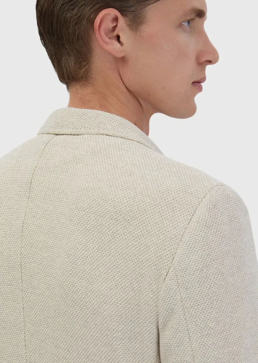 Bej Düz Shirt Shoulder Slim Fit Pamuk Karışımlı Örme Ceket - 8