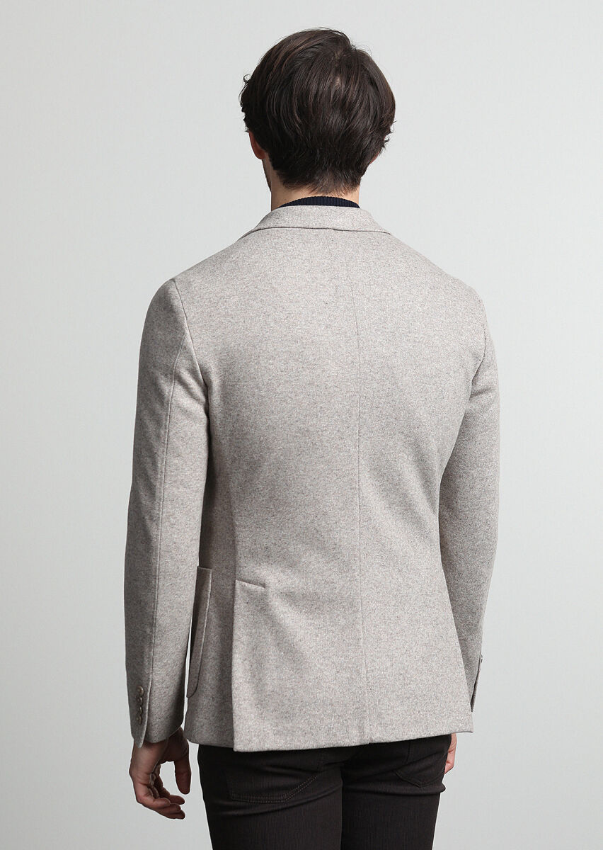 Bej Düz Shirt Shoulder Slim Fit Yün Karışımlı Örme Ceket - 3
