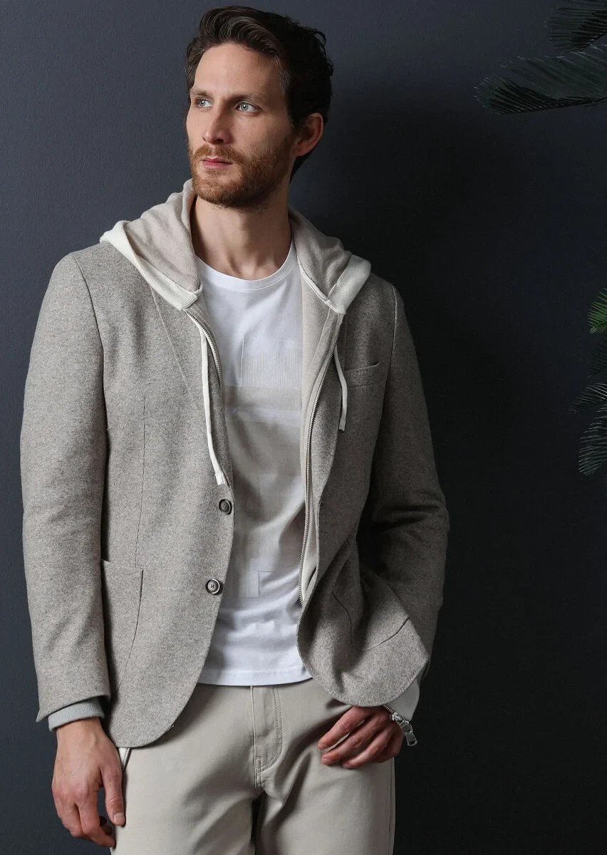 Bej Düz Shirt Shoulder Slim Fit Yün Karışımlı Örme Ceket - 1