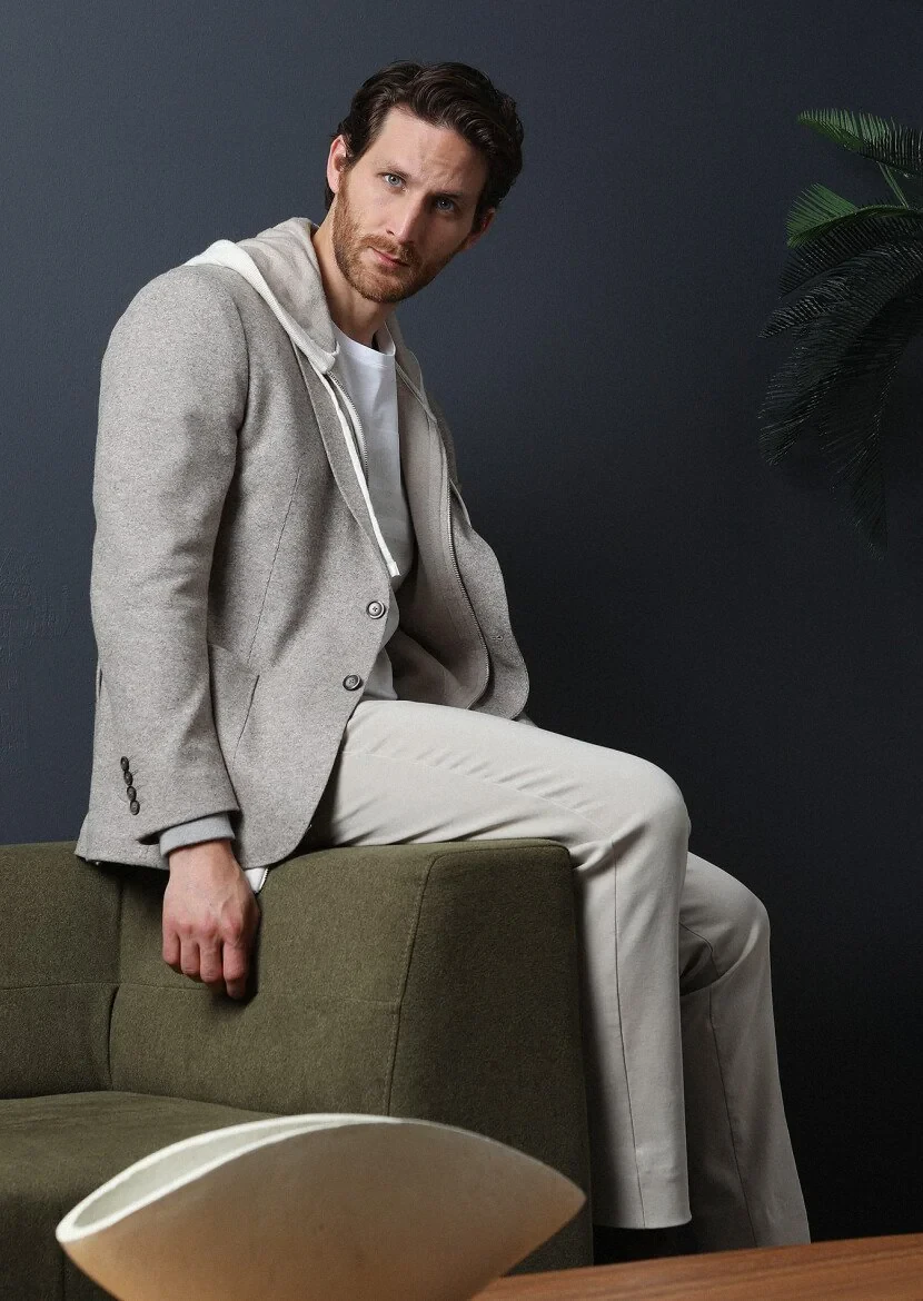 Bej Düz Shirt Shoulder Slim Fit Yün Karışımlı Örme Ceket - 4