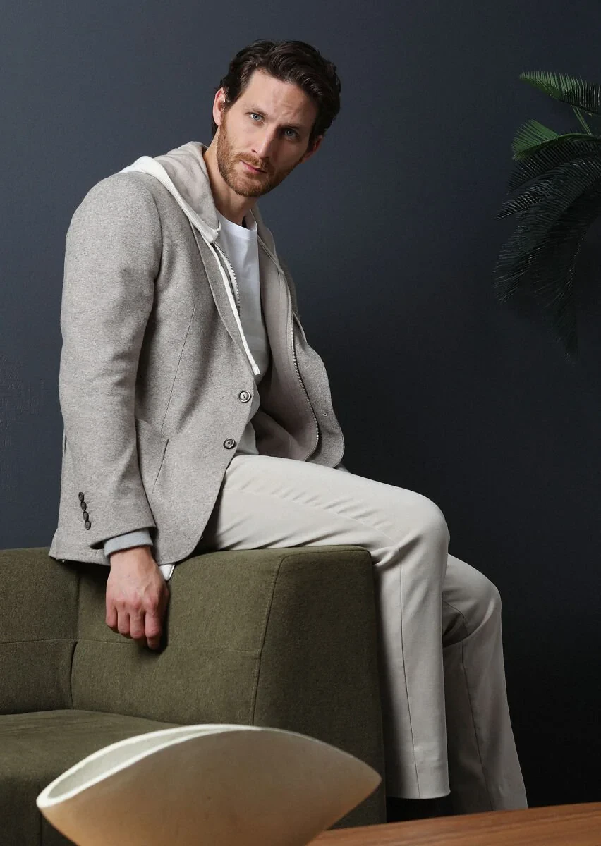 Bej Düz Shirt Shoulder Slim Fit Yün Karışımlı Örme Ceket - 4