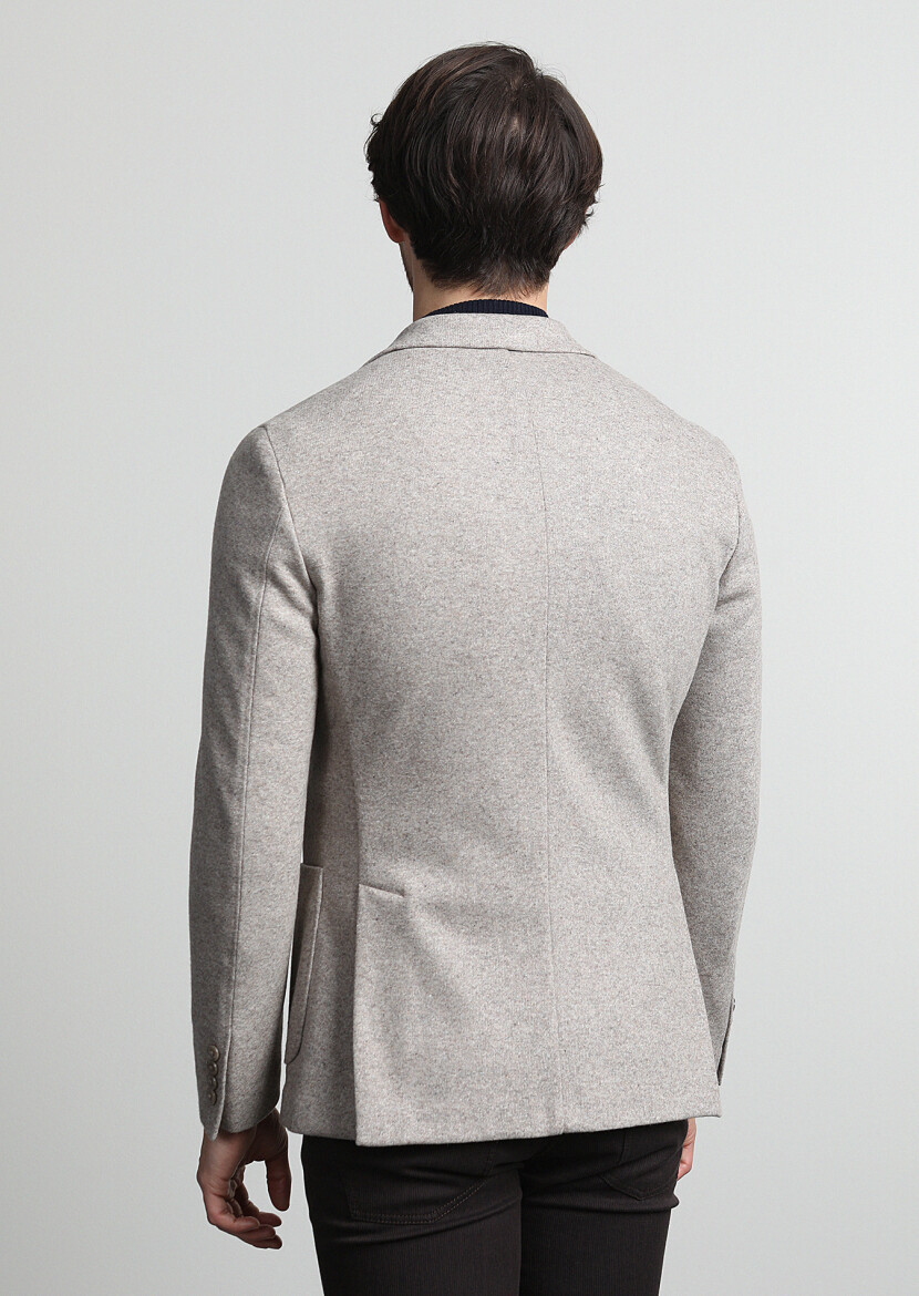 Bej Düz Shirt Shoulder Slim Fit Yün Karışımlı Örme Ceket - 4