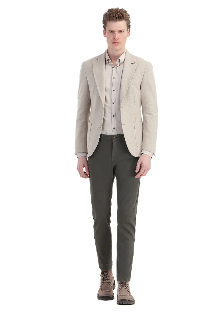 Bej Düz Shirt Shoulder Slim Fit Yün Karışımlı Örme Ceket - 2