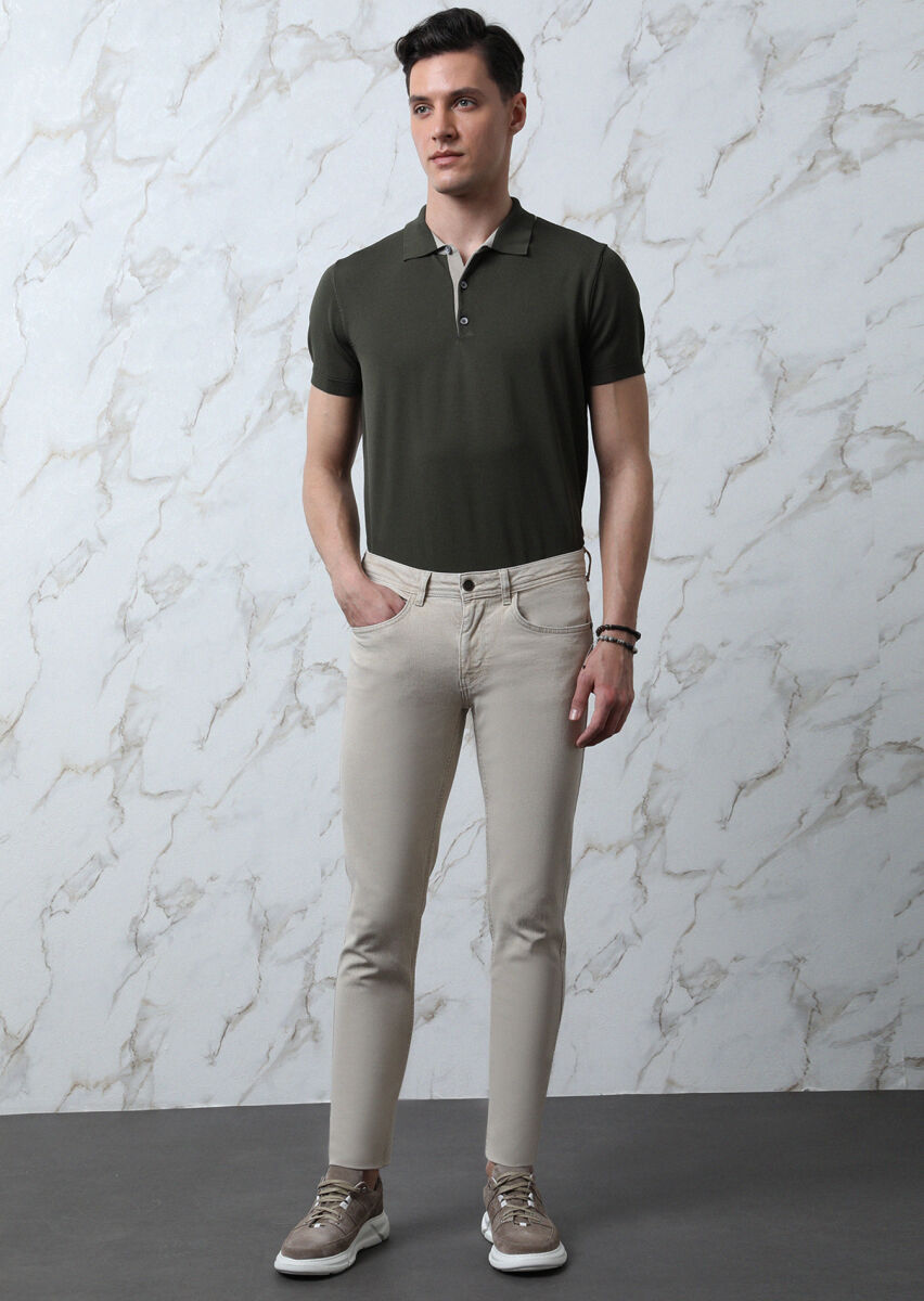 Bej Düz Slim Fit Denim Pamuk Karışımlı Pantolon - 1
