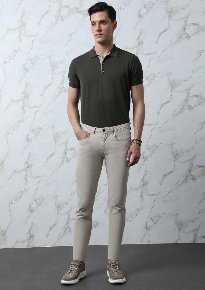 Bej Düz Slim Fit Denim Pamuk Karışımlı Pantolon - 1