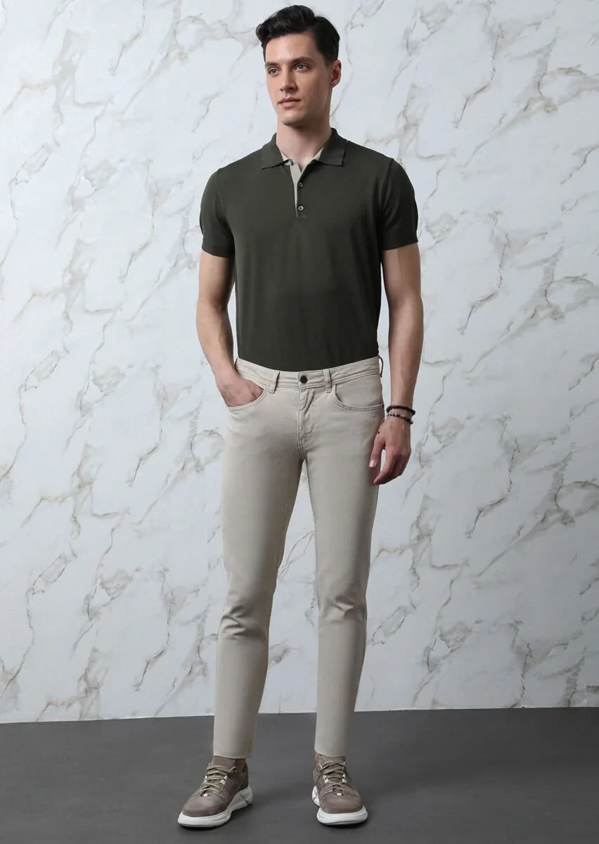 Bej Düz Slim Fit Denim Pamuk Karışımlı Pantolon - 1