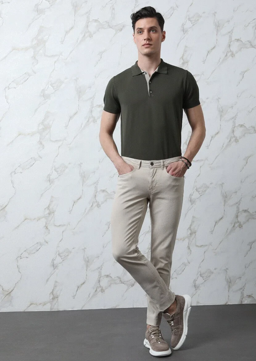 Bej Düz Slim Fit Denim Pamuk Karışımlı Pantolon - 2