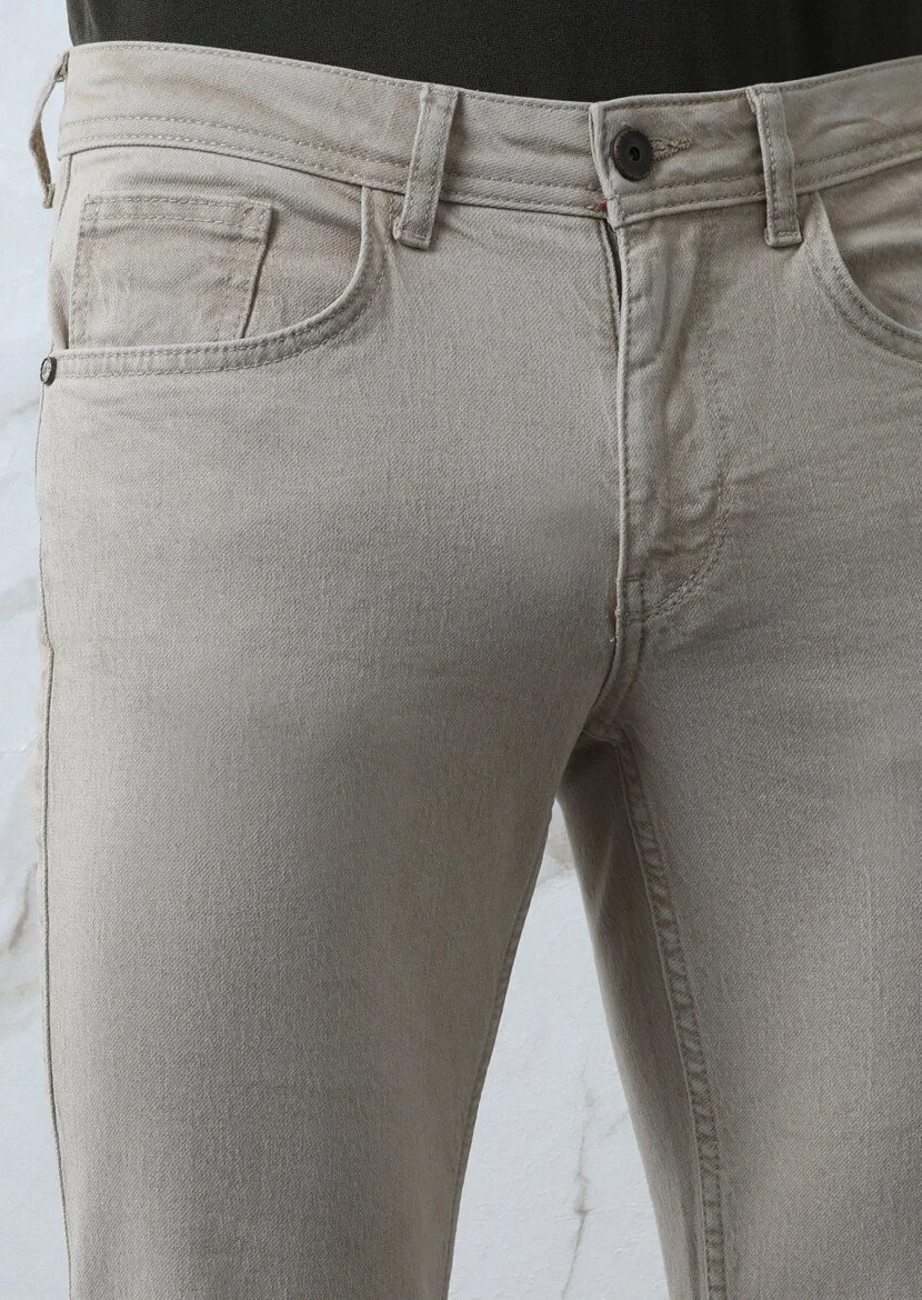 Bej Düz Slim Fit Denim Pamuk Karışımlı Pantolon - 3