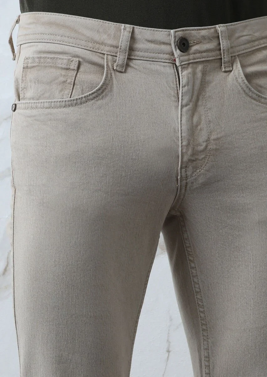 Bej Düz Slim Fit Denim Pamuk Karışımlı Pantolon - 3